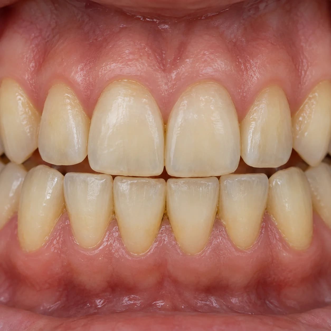 Ilustração criada com IA de dentes com manchas leves, antes