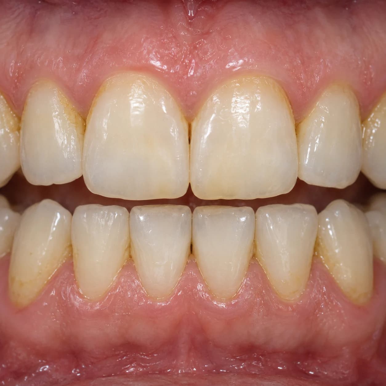 Ilustração criada com IA de dentes com manchas leves, antes